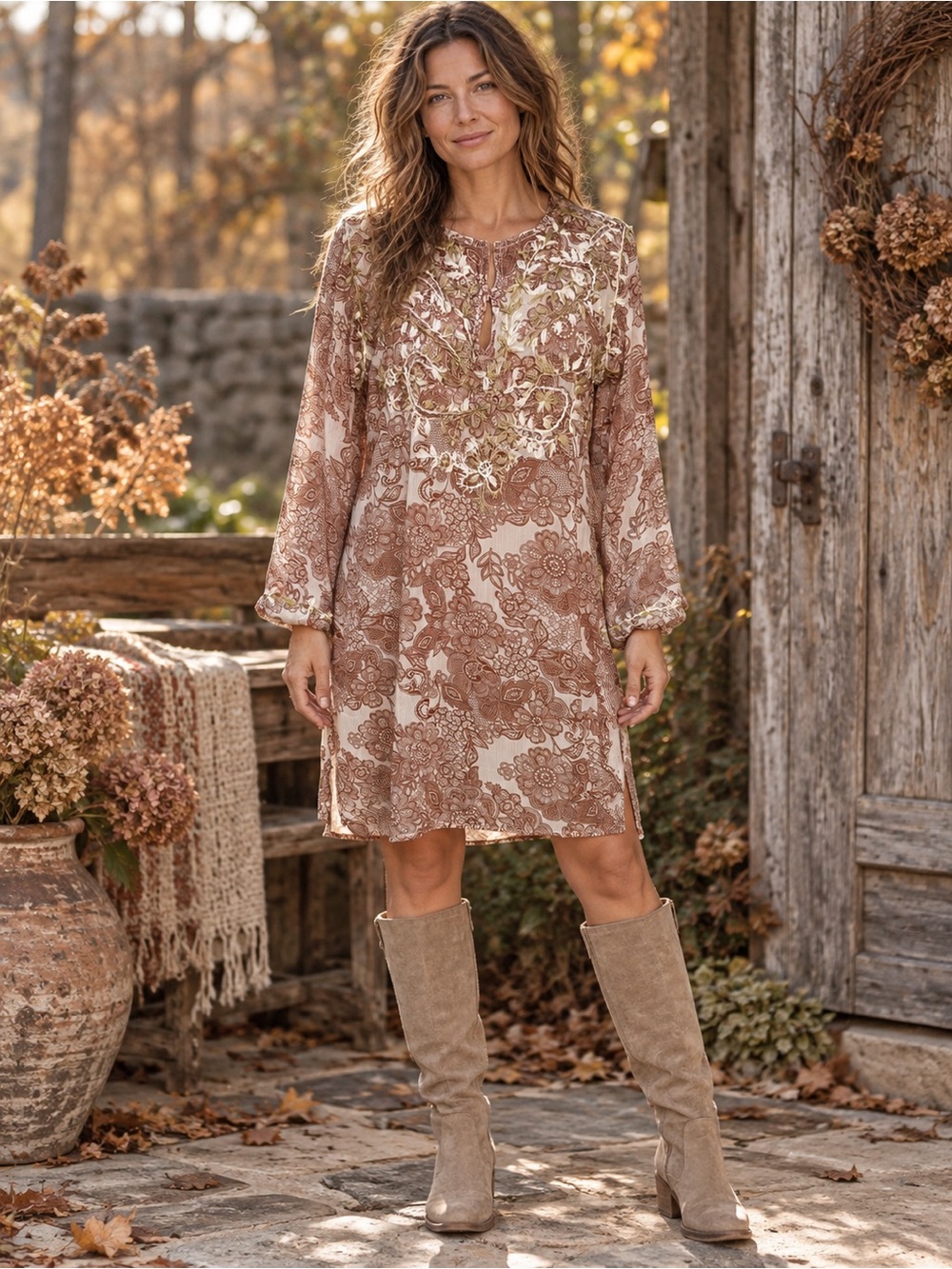 Raj 100% Sheer Silk Embroidered Floral Boho Tunic Dress Size Large NWT